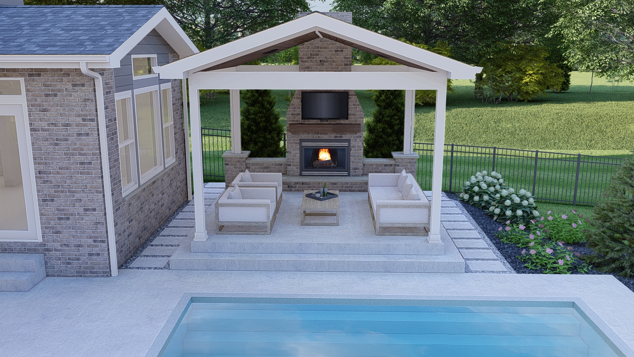 Precision Outdoors Poolside at Thorp Creek gable roof structure fireplace concrete patio pool backyard walkway