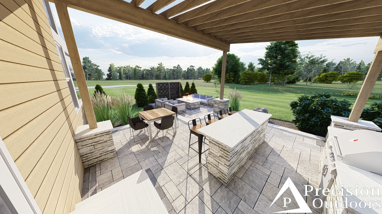 Paver Patio & Covered Shed Structure Covered scallion roof structure linear gas fire pit paver patio outdoor kitchen seating bar privacy screens Carmel indiana Precision outdoors