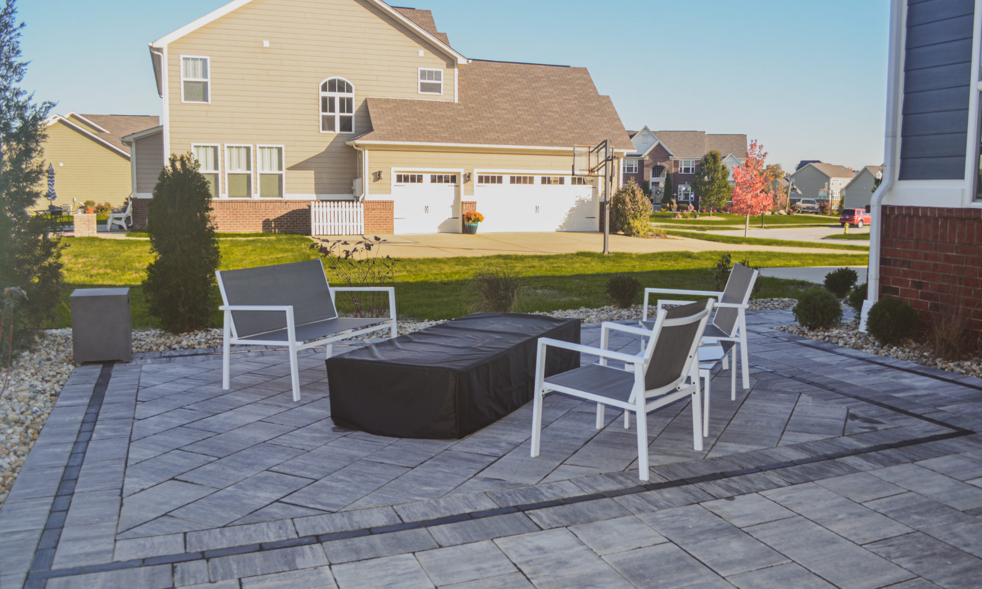 Precision Outdoors Classic Paver and firepit gable roof structure linear gas firepit paver patio custom landscaping Greenwood Indiana