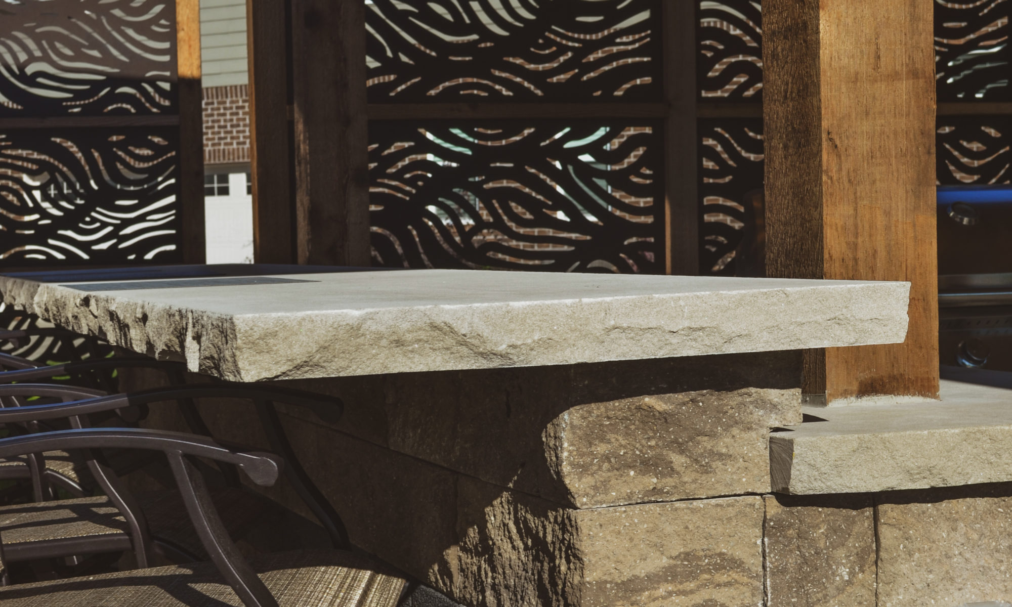 Precision Outdoors Emerald Ridge Hideaway shed roof structure paver patio outdoor kitchen barter seating privacy screens walking stone indianapolis indiana privacy screens