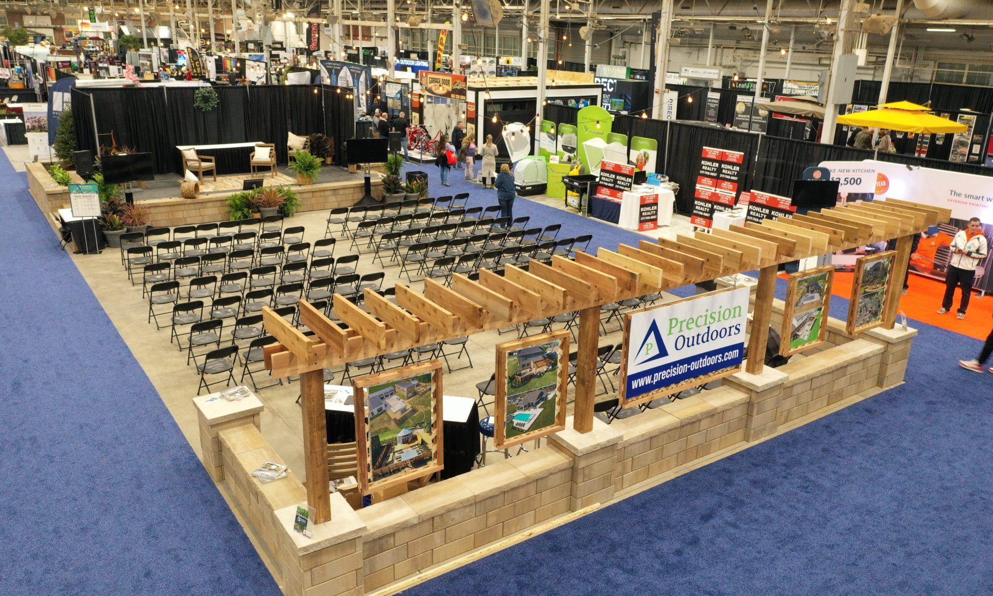 Indianapolis Home Show 2022 Precision Outdoors Live Stage Featured Garden Design build Landscaping Garden Structure Pergola Indiana Fair Grounds retaining wall arbor pergola privacy screens landscaping