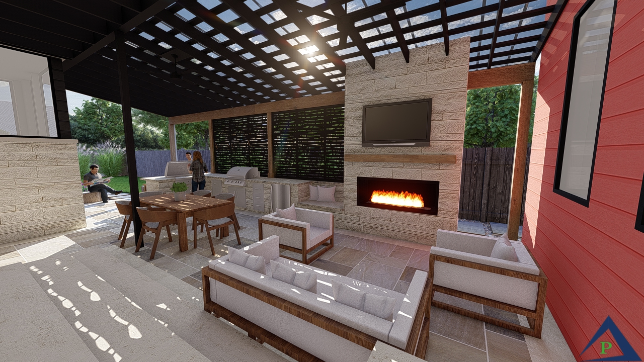 Precision Outdoors design of the week relaxing in red paver patio rendering fireplace kitchen roof shed seating dining hosting landscaping urban pergola modern trendy walkway small backyard
