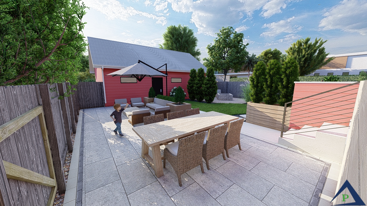 Precision Outdoors design of the week relaxing in red paver patio rendering fireplace kitchen roof shed seating dining hosting landscaping urban pergola modern trendy walkway small backyard tall fence landscaping outdoor kitchen planter box covered pergola indianapolis indiana