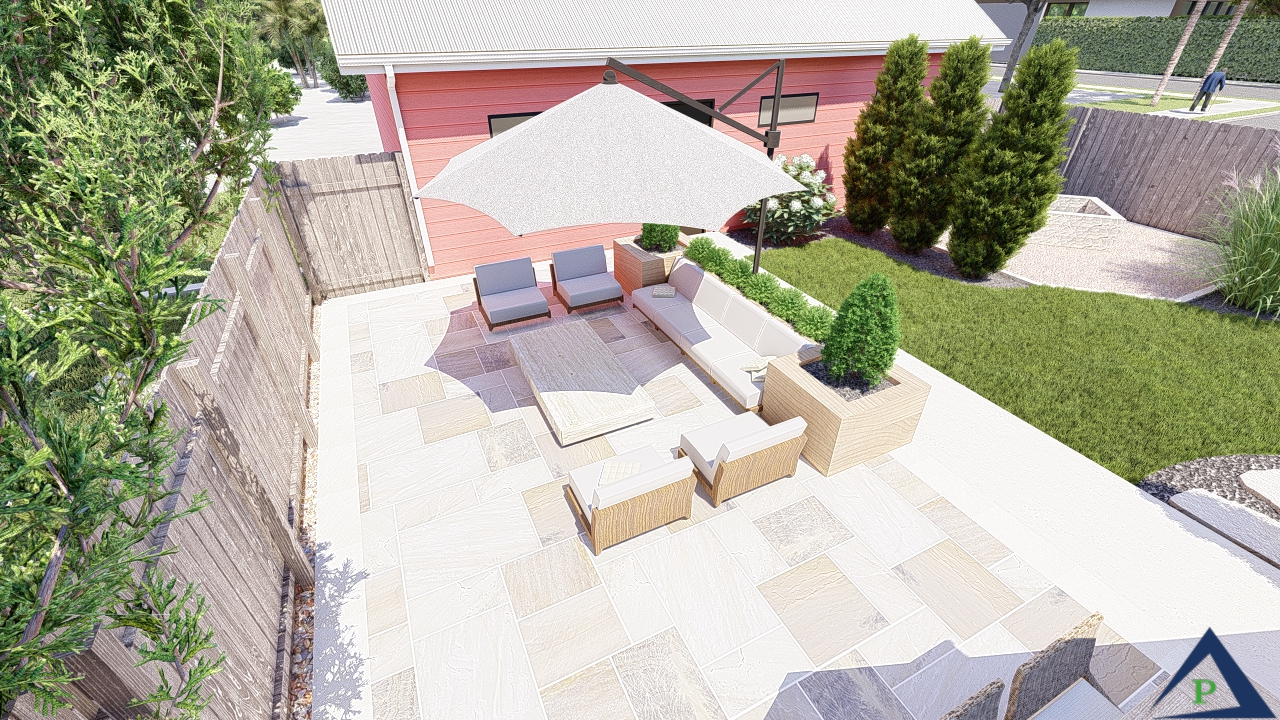 Precision Outdoors design of the week relaxing in red paver patio rendering fireplace kitchen roof shed seating dining hosting landscaping urban pergola modern trendy walkway small backyard tall fence landscaping outdoor kitchen planter box covered pergola indianapolis indiana