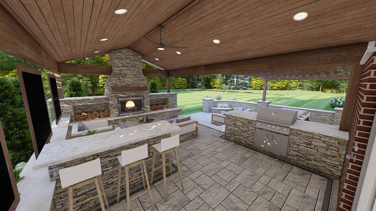 Aspen Retreat precision outdoors fireplace fable roof structure pergola paver patio outdoor kitchen custom landscaping privacy screens indianapolis indiana