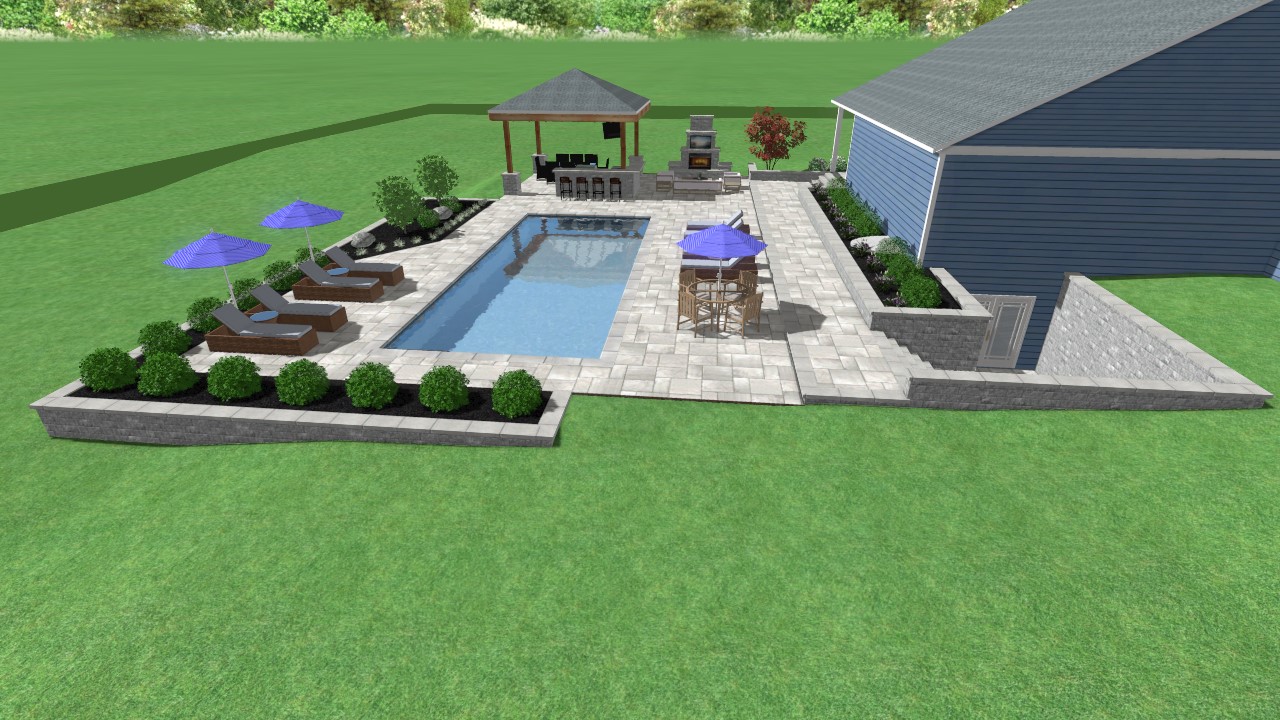 Precision outdoors design pool poolside pavilion hut pavilion summer firepit fire pit paver patio