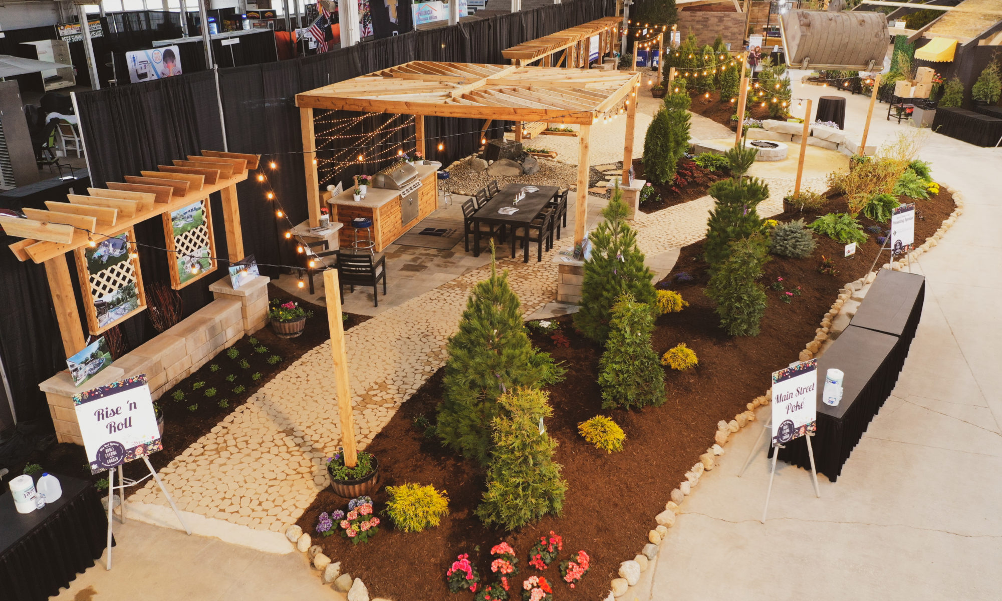 indiana indianapolis flower and patio show 2022 pergola firepit swing swings lighting landscaping