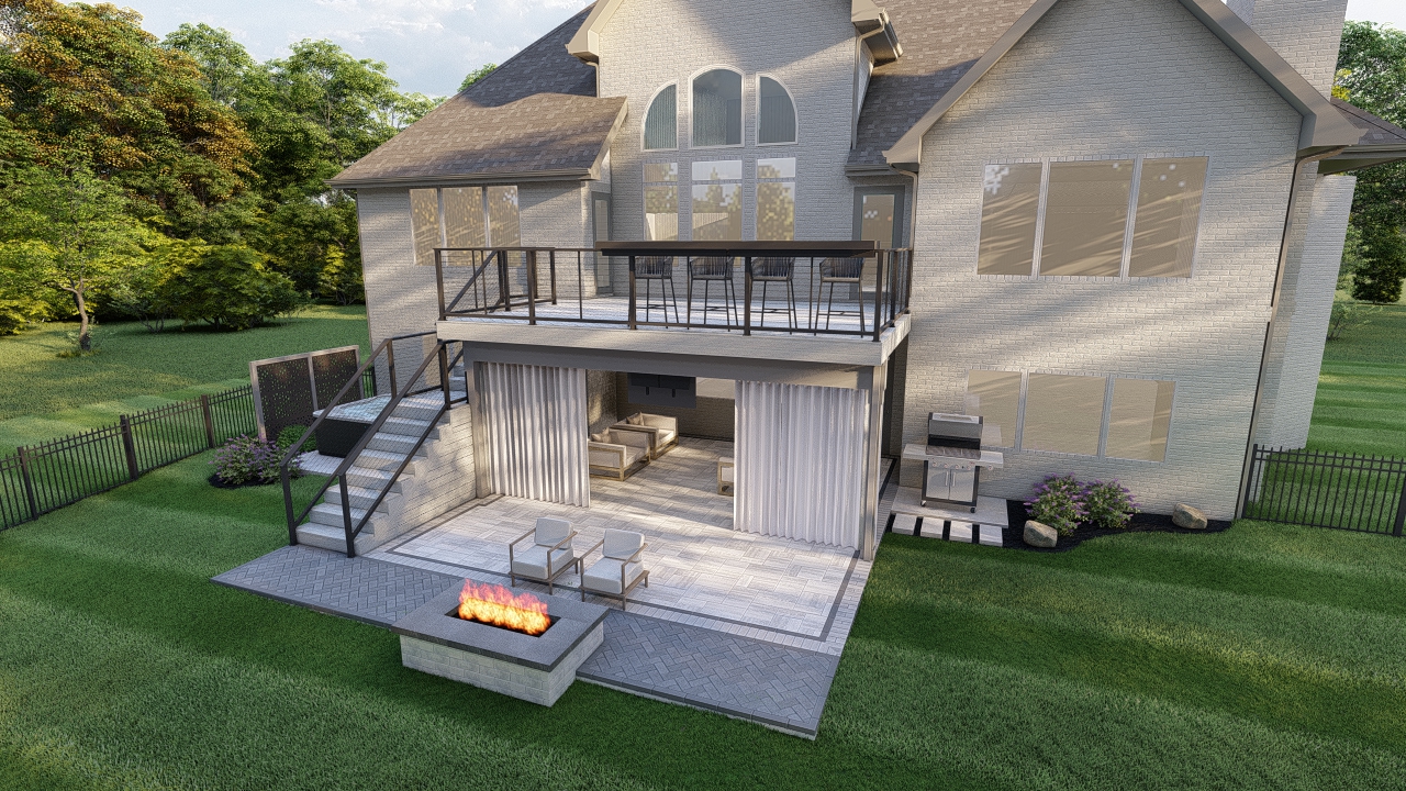 Precision Outdoors Design Multilevel Terrace Deck Patio Gas Fire pit hot tub privacy screens outdoor ceiling mounted heater outdoor curtains outdoor living space grill ceiling fan modern cable railing New Heights in Noblesville