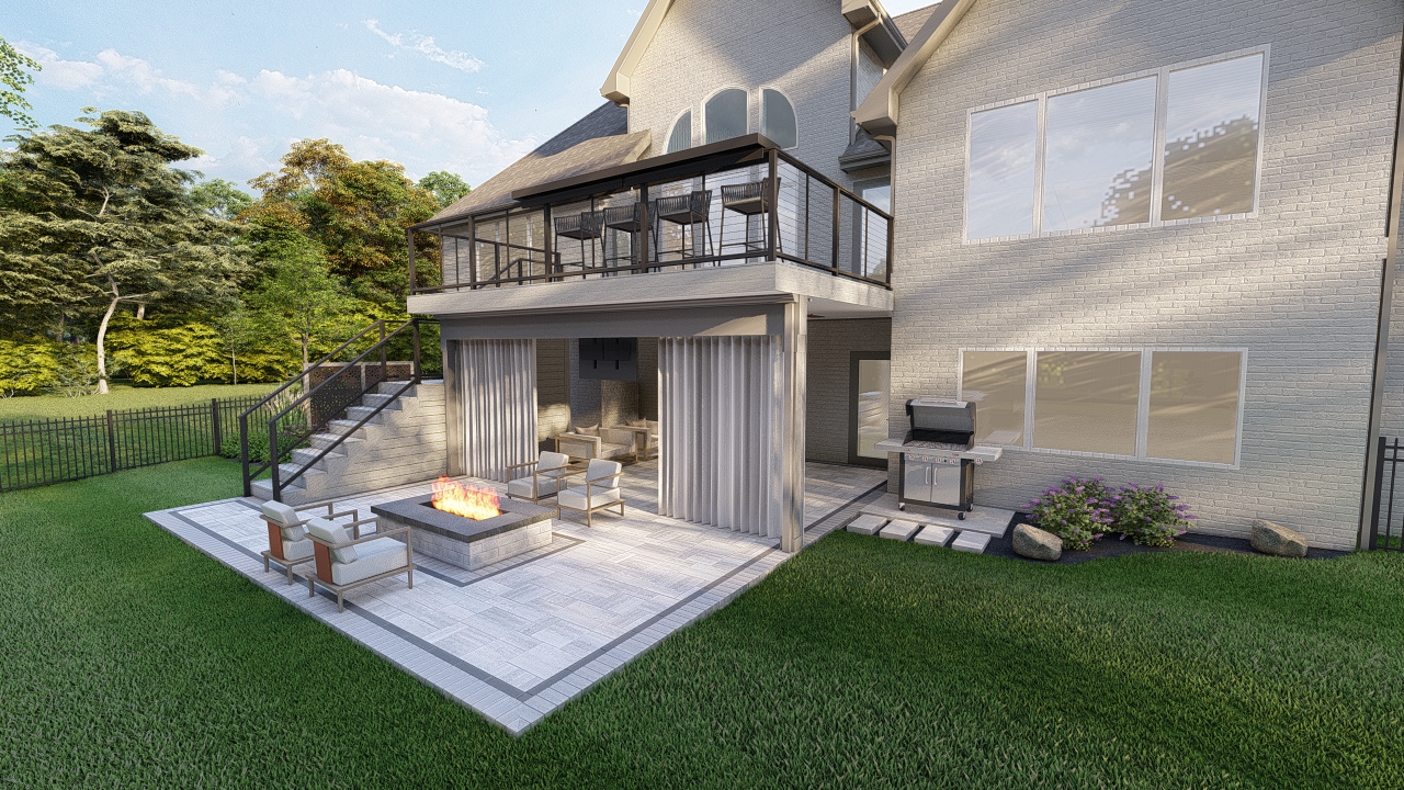 Precision Outdoors Design Multilevel Terrace paver patio deck gas fire pit hot tub ceiling fan privacy screens New Heights in Noblesville