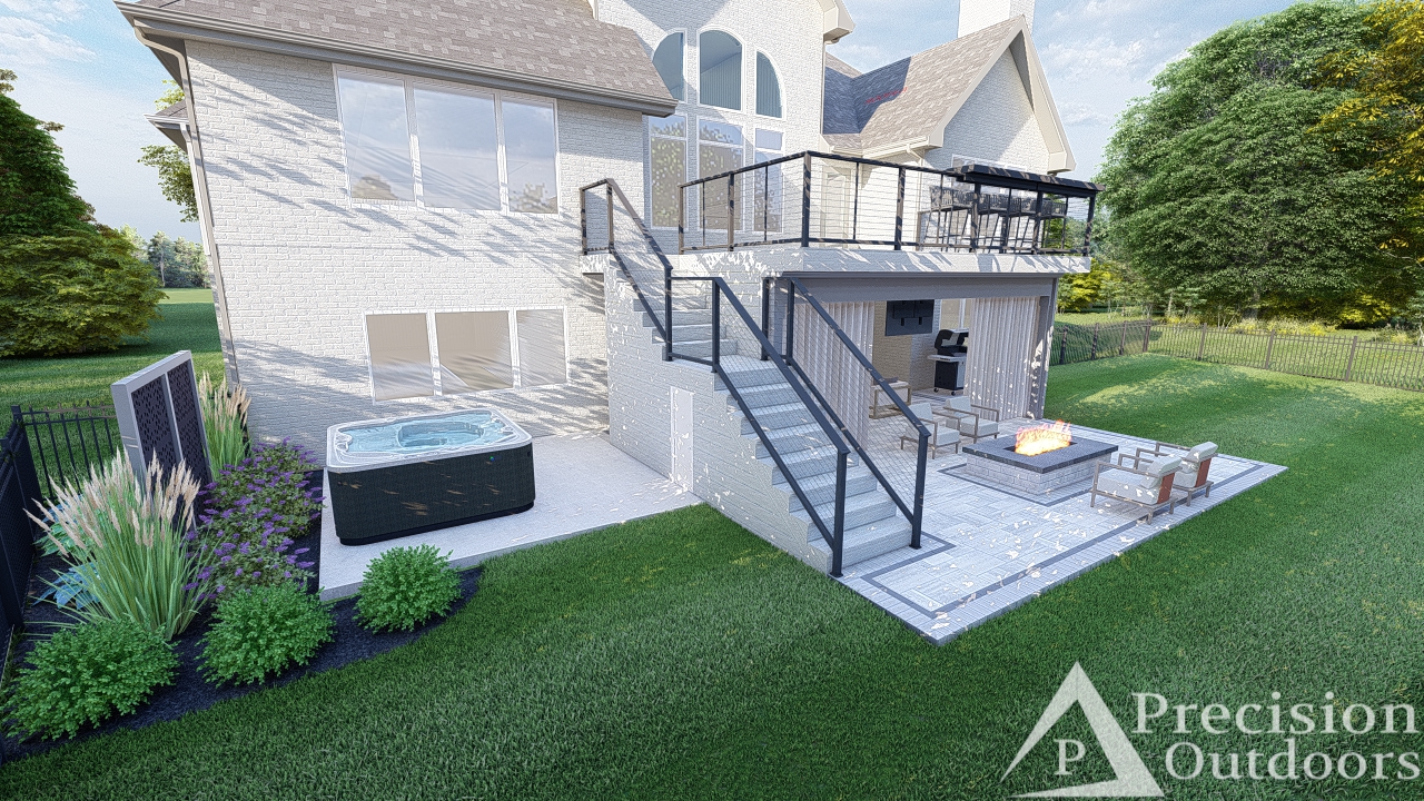 Precision Outdoors Design Multilevel Terrace paver patio deck gas fire pit hot tub ceiling fan privacy screens