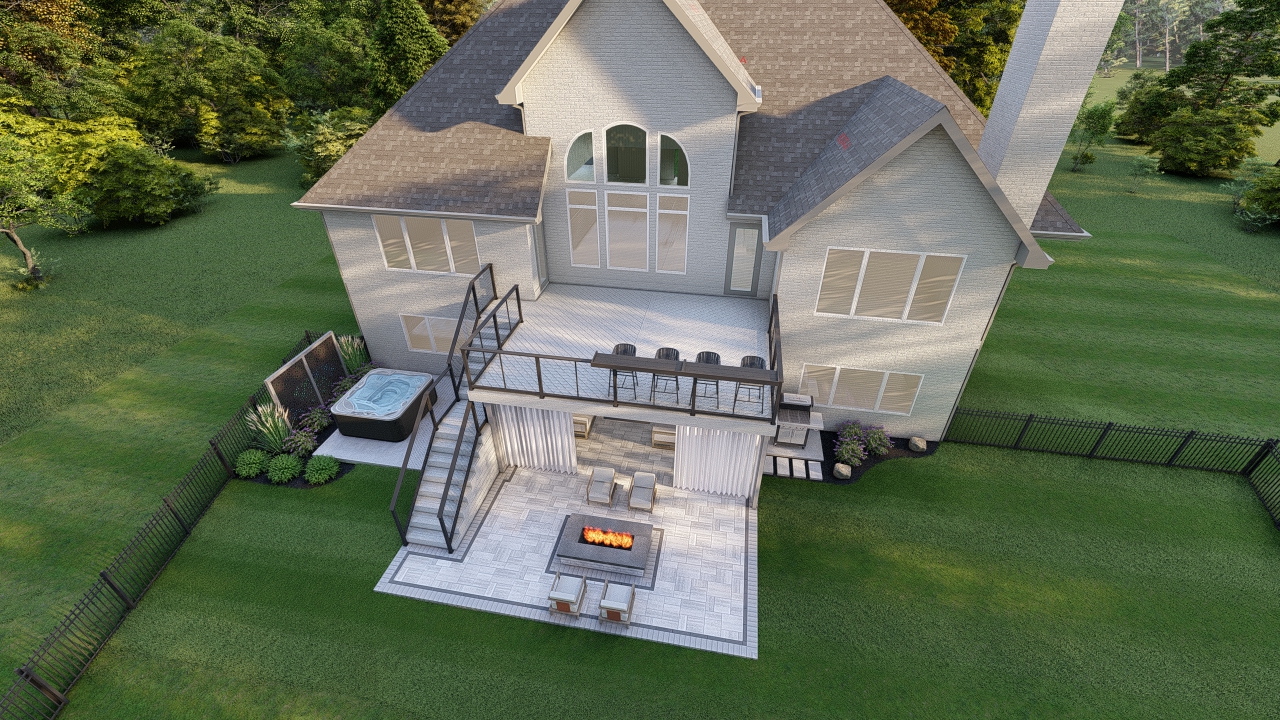 Precision Outdoors Design Multilevel Terrace paver patio deck gas fire pit hot tub ceiling fan privacy screens New Heights in Noblesville