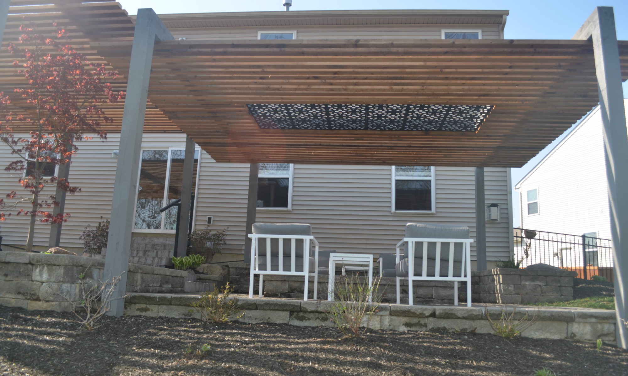 Precision Outdoors Contemporary Pergolas Indianapolis Indiana two pergola built-in sun shade screen outdoor living backyard relaxation space