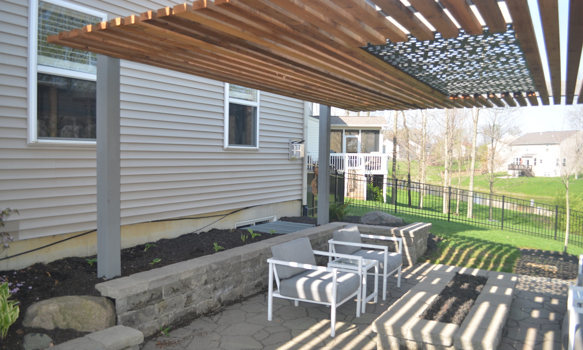 Precision Outdoors Contemporary Pergolas Indianapolis Indiana two pergola built-in sun shade screen outdoor living backyard relaxation space