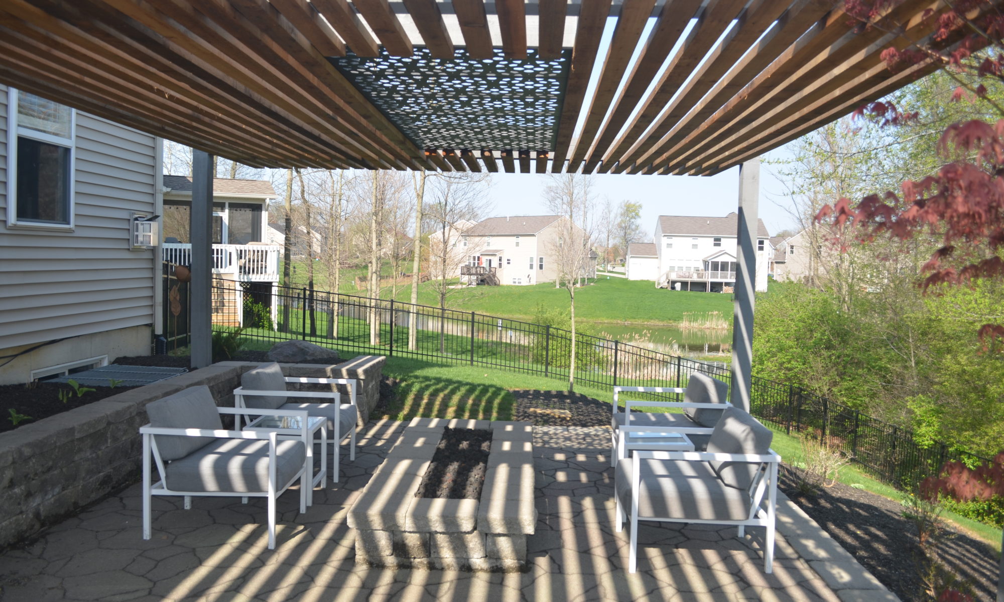 Precision Outdoors Contemporary Pergolas Indianapolis Indiana two pergola built-in sun shade screen outdoor living backyard relaxation space