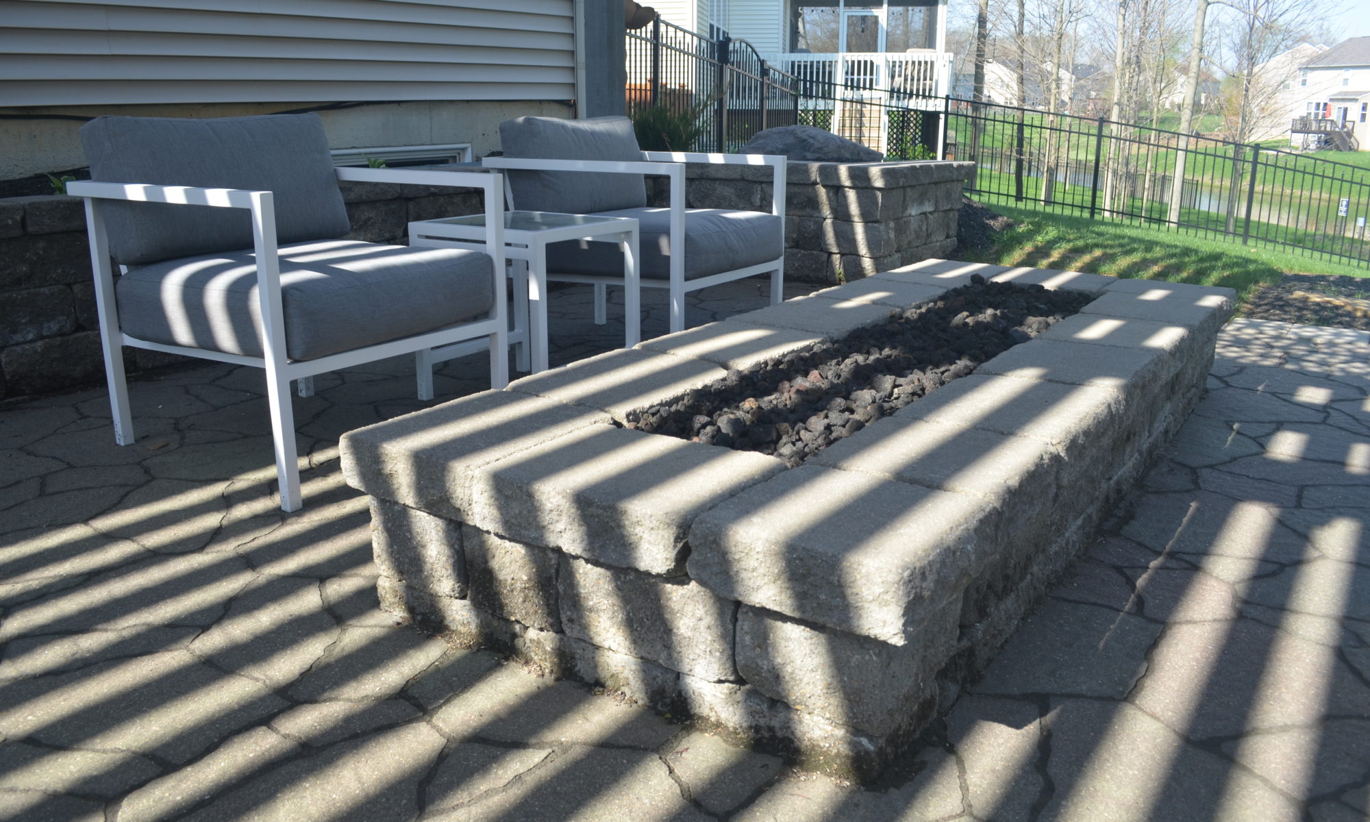 Precision Outdoors Contemporary Pergolas two modern pergolas seating wall gas fire pit gas firepit ample hosting area indianapolis indiana stair rail custom sun shade