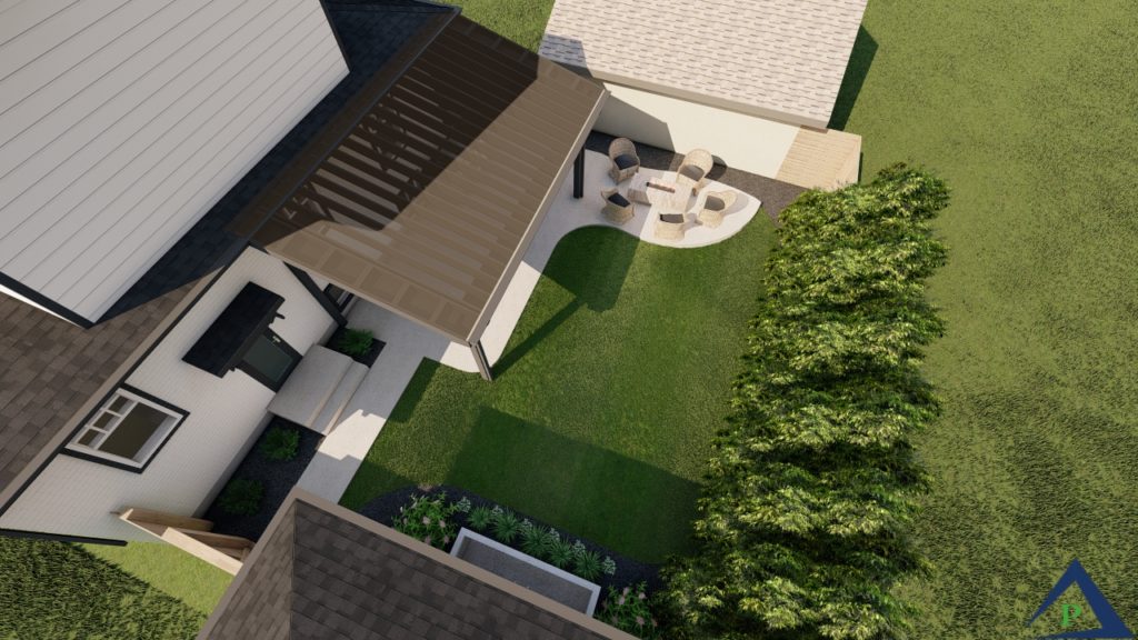 Precision Outdoors Indianapolis The Ritzy Skillion Pergola updated fire pit area concrete patio water feature fountain grill space landscaping outdoor dining
