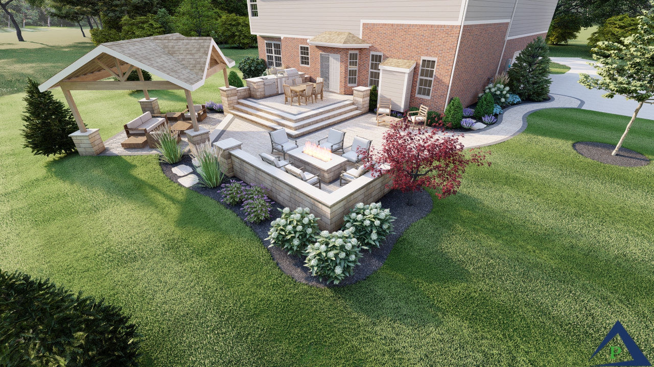 Precision Outdoors Greenwood Indiana Hickory Stick Estates Gable Roof Structure Outdoor Kitchen Outdoor Dining grill space social spot social gathering custom landscaping poolside pool fireplace wall paver patio Gables at Hickory Stick