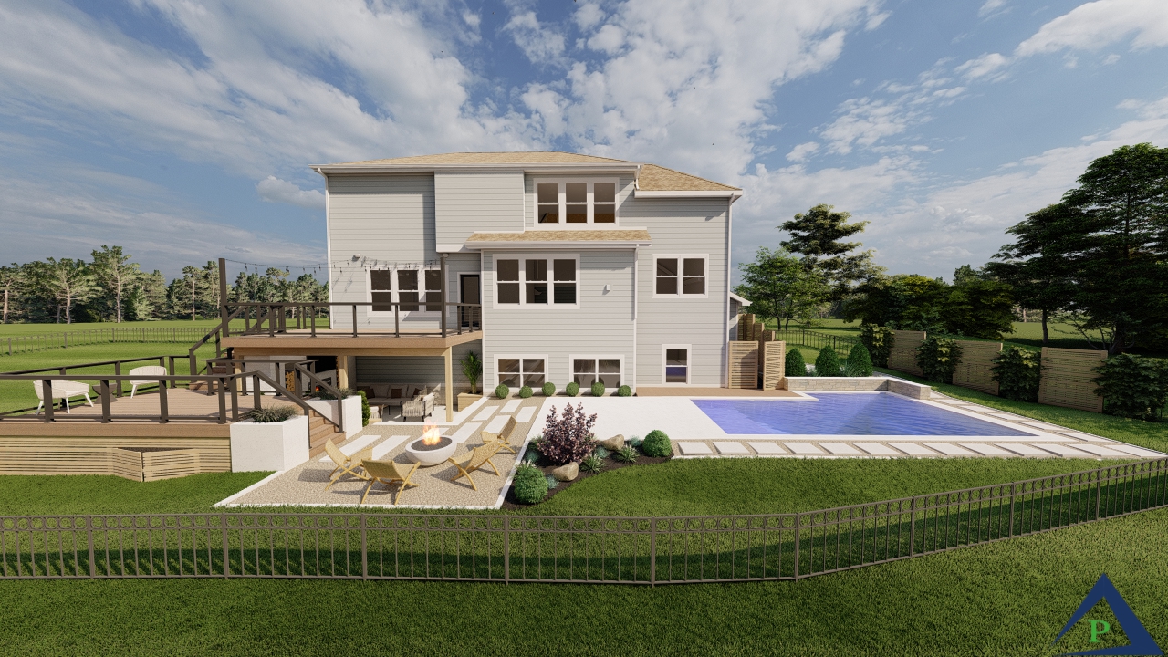Precision Outdoors Hamptons Getaway Outdoor dining composite deck custom landscaping privacy screen in-ground pool modern relaxing fireplace wall log storage under deck hidden storage gas fire pit gas firebowl tv television outdoor entertainment space Zionsville Indiana