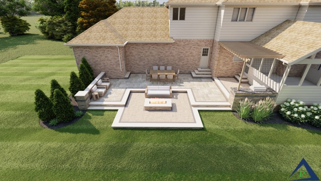 Precision Outdoors Zionsville Indiana Large open patio fire pit entertaining dining social gathering large party outdoor grill gas fire pit outdoor dining paver patio custom landscaping Terrace at Fox Run