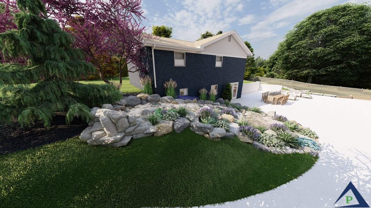 Precision Outdoors Fishers Indiana Beautiful Miniature mini waterfall extensive landscaping rocks boulders water feature synthetic lawn pool deck custom landscaping beautiful backyard oasis stunning dream