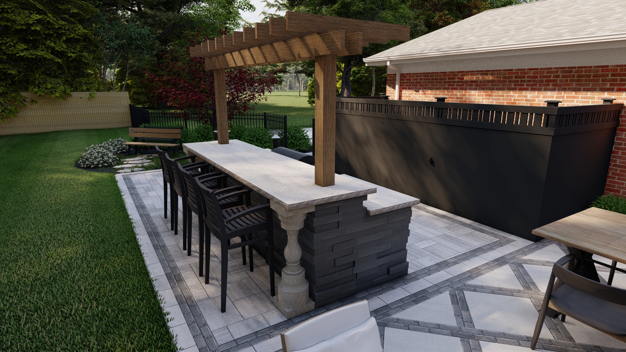 Precision Outdoors Smokin' Oasis Indianapolis Indiana outdoor entertaining dining outdoor kitchen smoking station grilling area water fountain feature