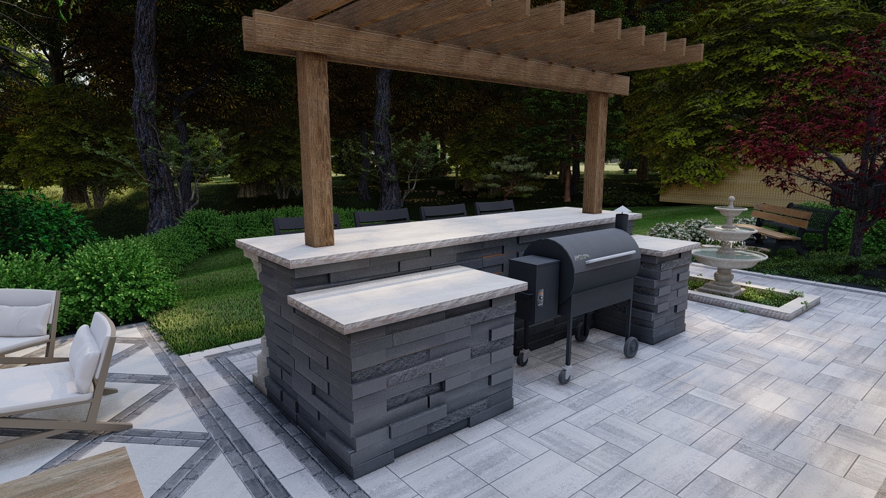 Precision Outdoors Smokin' Oasis Indianapolis Indiana outdoor entertaining dining outdoor kitchen smoking station grilling area water fountain feature