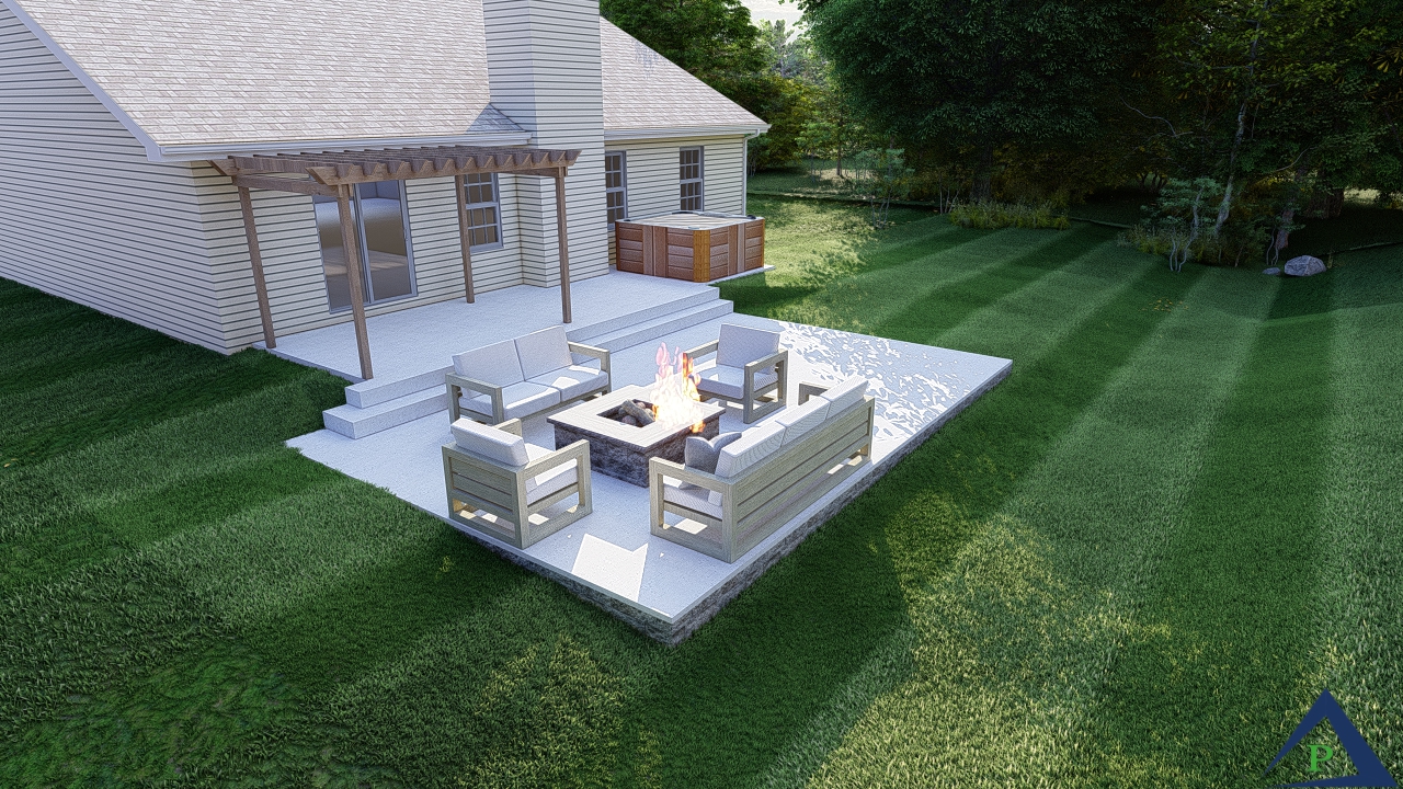 Precision Outdoors Indianapolis Indiana Pergola large concrete patio hot tub fire pit outdoor seating entertaining simple patio backyard clean space Wildcat Patio