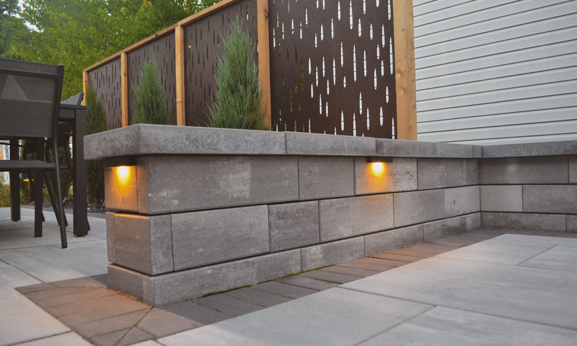 The Private Plaza privacy screens custom landscaping fire pit arborvitae private dining privacy Carmel indiana landscaping walkway Night Lighting