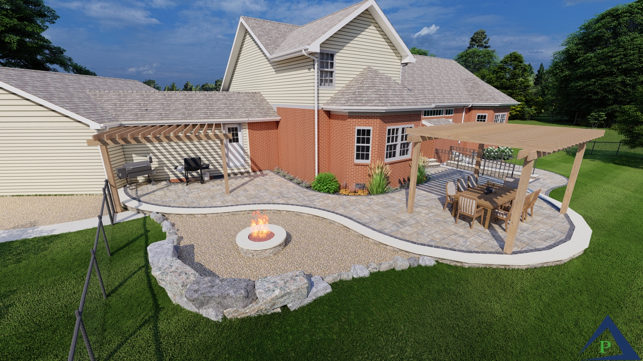 Precision Outdoors Charming Country Backyard two pergolas pergola stairs railing stairwell fire pit gravel smoker grill space entertaining welcoming backyard paver patio landscaping