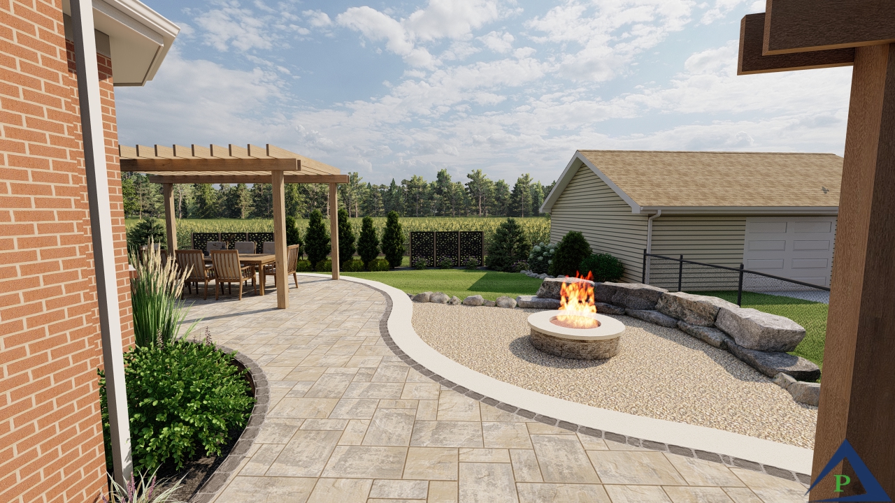 Precision Outdoors Charming Country Backyard two pergolas pergola stairs railing stairwell fire pit gravel smoker grill space entertaining welcoming backyard paver patio landscaping