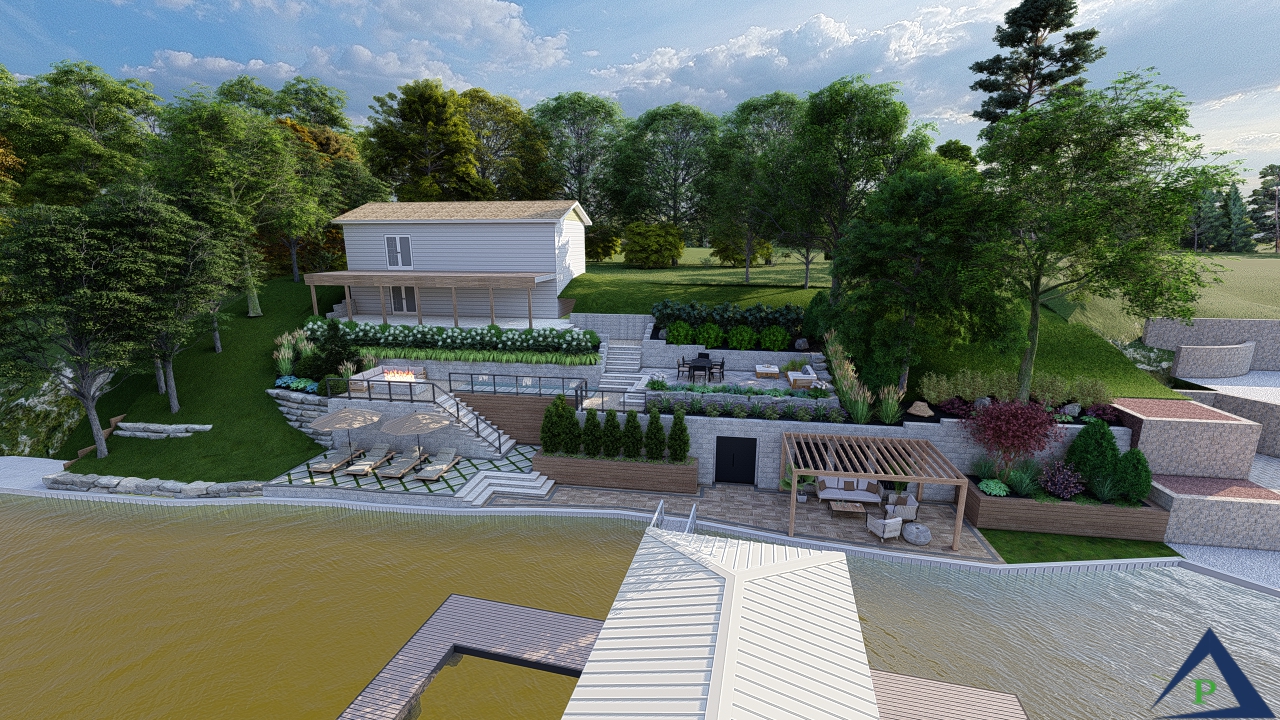 Morse Retreat Precision Outdoors paver patio pergola fire pit walkway sundeck sun deck Carmel indiana sunshine tan lake day relaxing entertaining space
