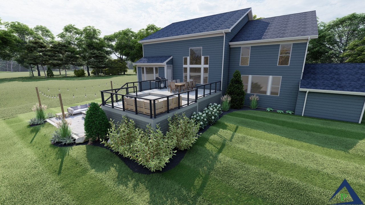 Chatham Elevated Deck Precision Outdoors paver patio elevated composition deck modern cable railing string lighting landscaping Westfield indiana
