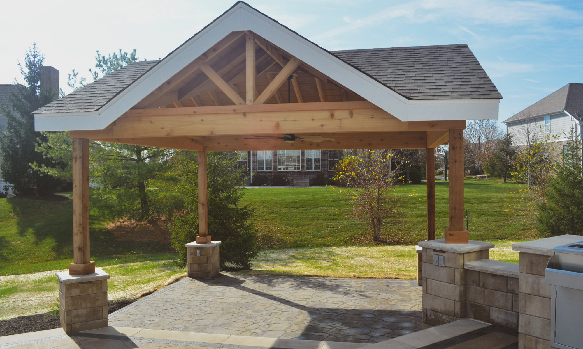 Gables at Hickory Stick Greenwood Bargersville Indiana Paver Patio Gas burning fire pit exterior build dream backyard gable roof structure walkway custom custom landscaping outdoor kitchen mini fridge mini refrigerator fan lighting grill