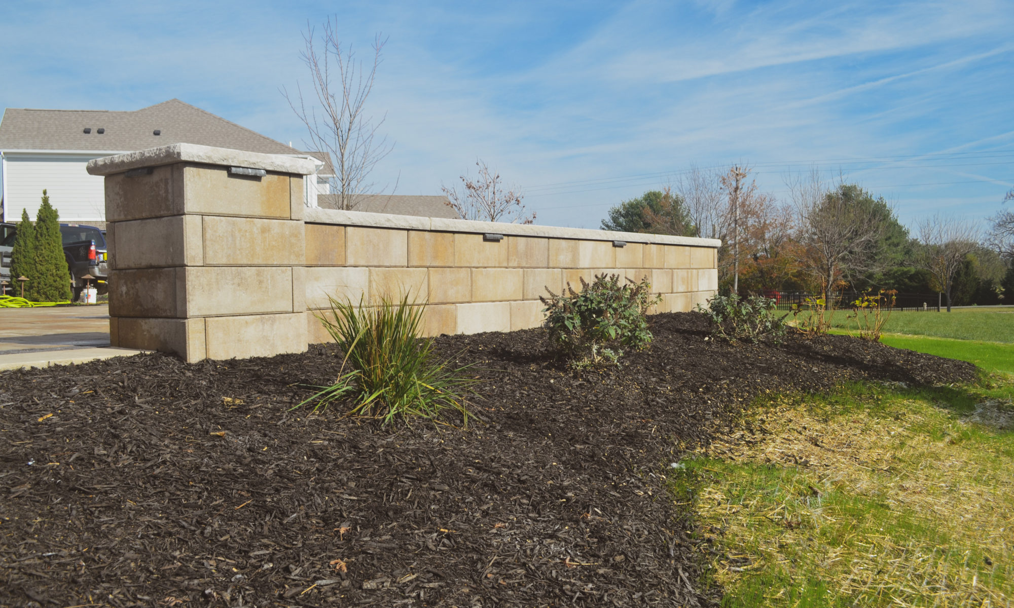 Gables at Hickory Stick Greenwood Bargersville Indiana Paver Patio Gas burning fire pit exterior build dream backyard gable roof structure walkway custom custom landscaping outdoor kitchen mini fridge mini refrigerator fan lighting grill