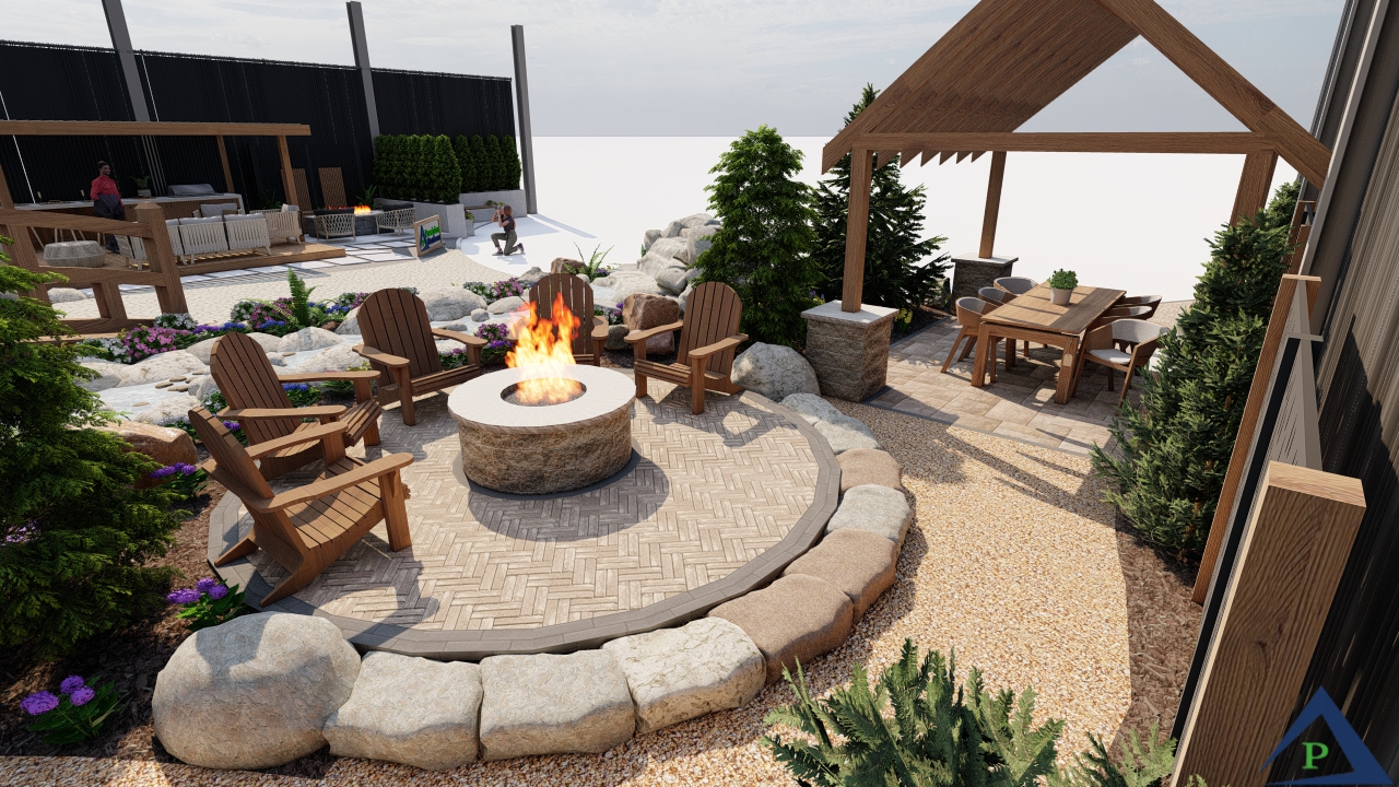 Indianapolis Flower & Patio show Precision Outdoors in ground trampoline pound paver patio traditional pergola privacy screens gable roof structure custom playhouse in-ground trampoline fire pit area modern pergola pound custom landscaping and plant beds