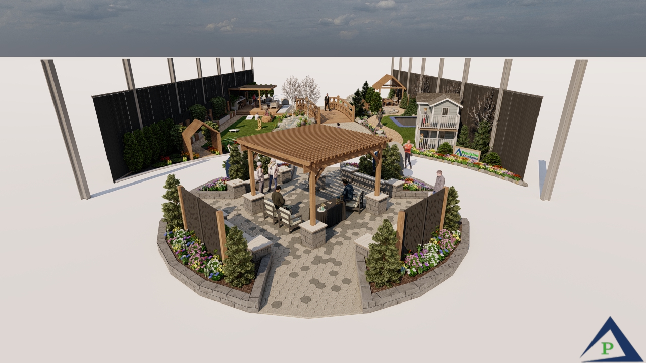 Indianapolis Flower & Patio show Precision Outdoors in ground trampoline pound paver patio traditional pergola privacy screens gable roof structure custom playhouse in-ground trampoline fire pit area modern pergola pound custom landscaping and plant beds