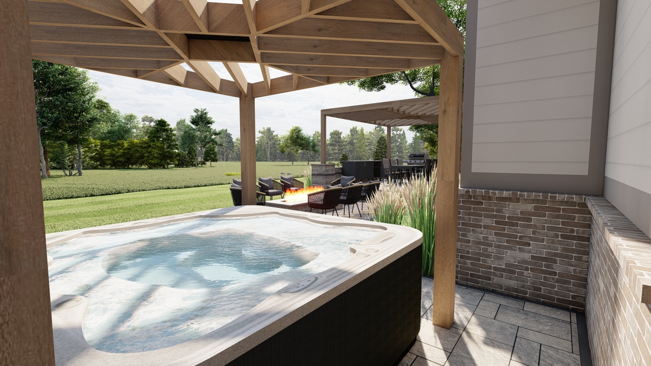 Wellsprings Place precision outdoors design multilevel paver patio custom landscaping privacy screens hot tub pergola sunshade stone walkway entertaining outdoor dining exterior build gas fire pit firepit fishers indiana