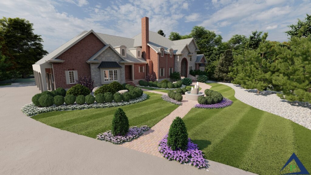 Grandeur Estate Precisions Outdoors Noblesville Indiana grand classic elegant style classy wow factor exterior design exterior build landscaping custom water feature driveway expansion colored concrete privacy screens beautiful transformation plants trees flowers