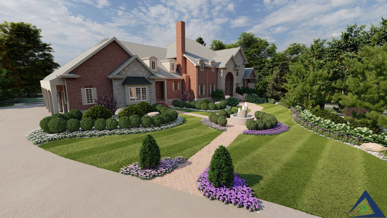 Grandeur Estate Precisions Outdoors Noblesville Indiana grand classic elegant style classy wow factor exterior design exterior build landscaping custom water feature driveway expansion colored concrete privacy screens beautiful transformation plants trees flowers