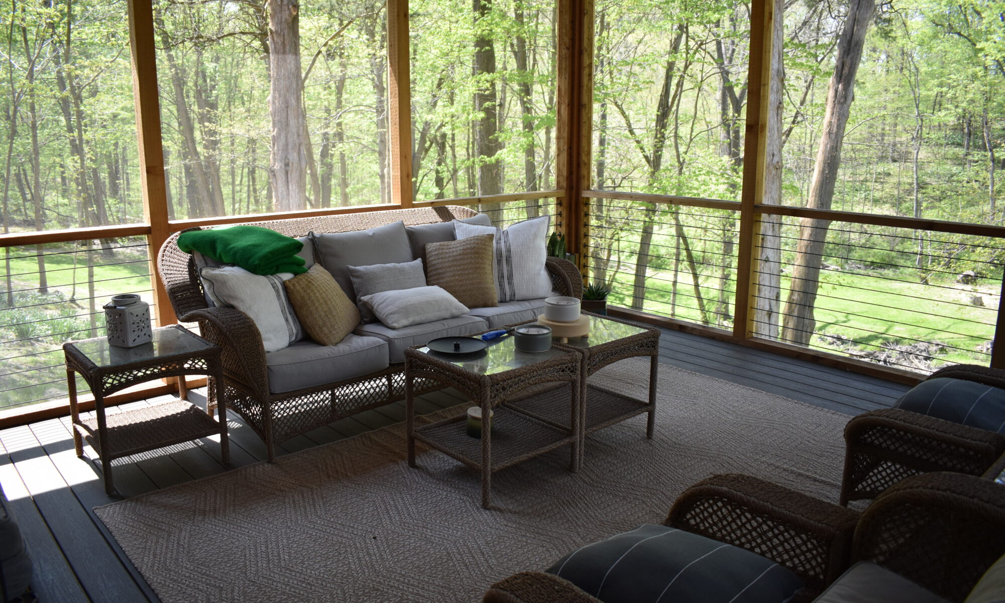 precision outdoors Bargersville elevated Exterior backyard remodel Trex composite decking concrete patio hot tub backyard goals dream backyard screened in porch outdoor living space dining area indiana exterior design relaxing outdoors tongue and groove ceiling modern cable railing custom rock landscaping walkway