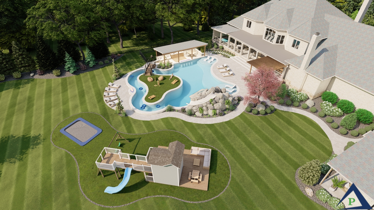 Precision Outdoors Grandeur Estate Backyard indiana lumion design dog run staggered step pathway custom landscaping gunnite pool slide grotto swim up bar swim-up fire features sunken patio with structure pergola outdoor kitchen kids playhouse artificial turf inground in-ground trampoline lazy river dream goals lawn games tanning ledge travertine pool deck floating steps night lighting