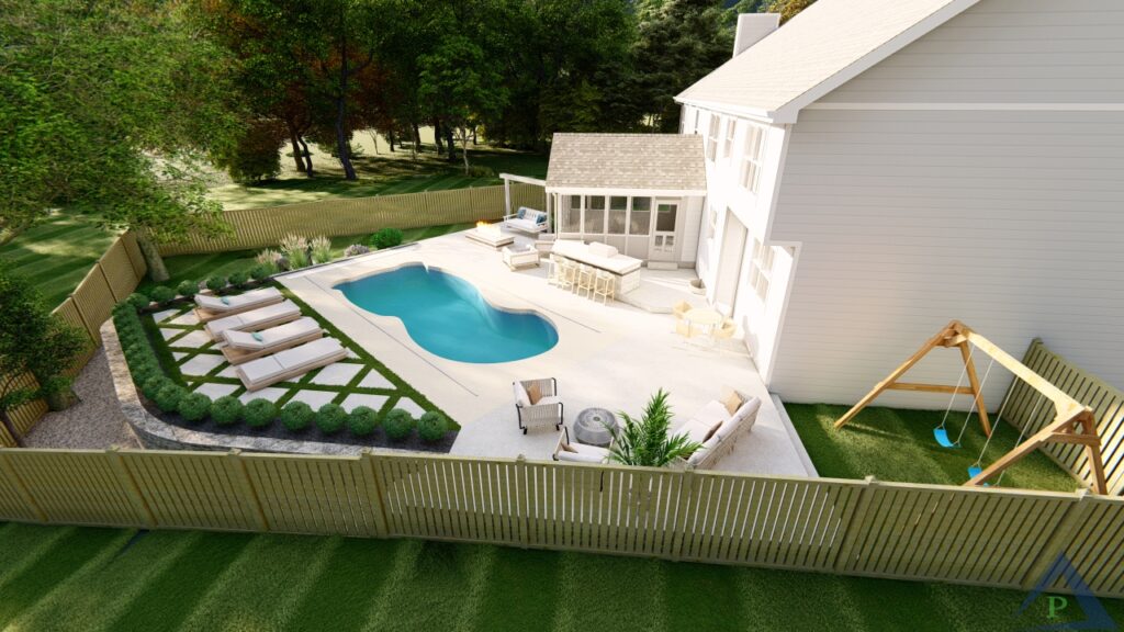 Precision Outdoors design fishers indiana Sunblest Oasis pool patio grill island custom swing gas fire pit lounger lounging area astroturf installation boulder wall playground area custom landscaping backyard goals poolside swimming entertaining space custom landscaping home upgrade