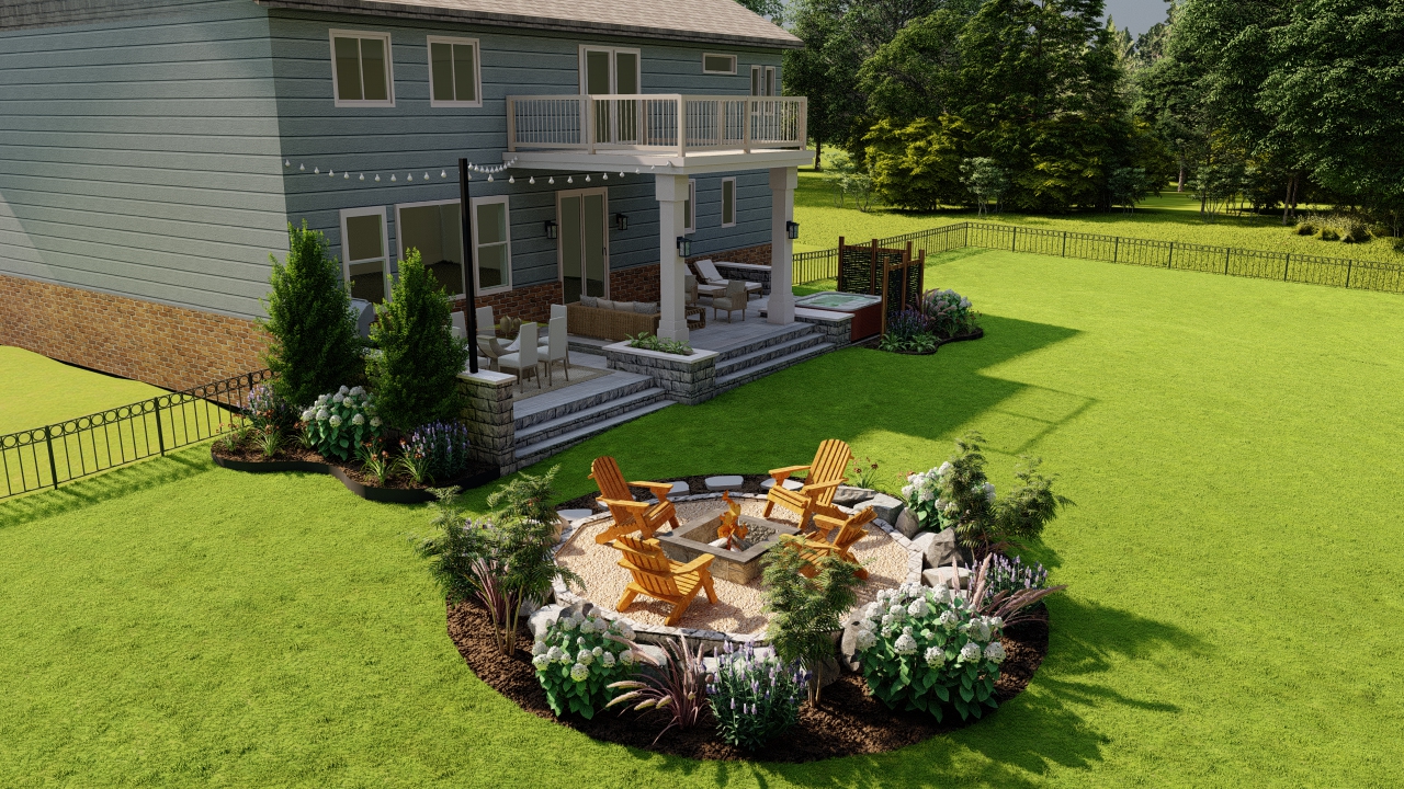Precision Outdoors Elegant Overlook balcony custom composite deck hot tub privacy screens fire pit area string lighting outdoor dining area paver patio seating wall multiple entertaining spaces custom landscaping Plainfield indiana exterior design and build backyard goals balcony