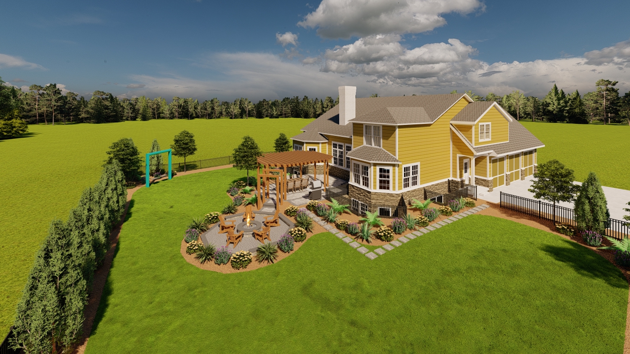 Precision Outdoors Exterior design and build Modern Macduff Noblesville indiana pergola paver patio fire pit area contemporary arches staggered step path outdoor lighting dining area swings custom landscaping swings shrubs octagon shaped backyard upgrade flowers backyard goals