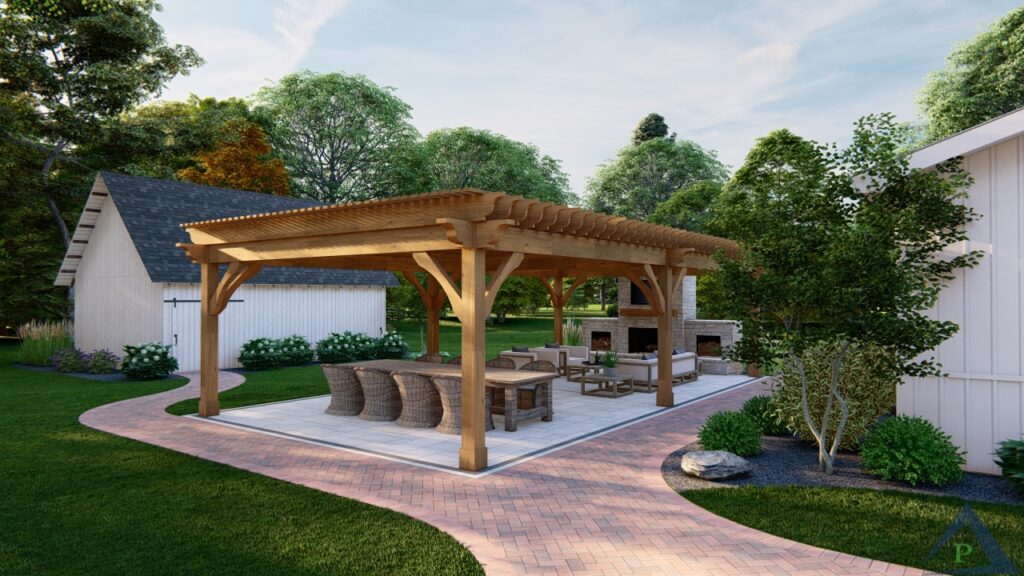 Precision Outdoors exterior design and build Greenfield Indiana paver patio brick walkway large pergola outdoor dining space outdoor entertaining space fire pit fireplace custom landscaping night lighting sprawling backyard relaxing beautiful goals amazing view