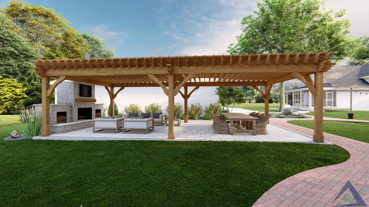 Precision Outdoors exterior design and build Greenfield Indiana paver patio brick walkway large pergola outdoor dining space outdoor entertaining space fire pit fireplace custom landscaping night lighting sprawling backyard relaxing beautiful goals amazing view