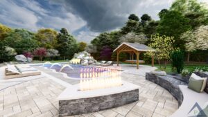 Precision Outdoors Design Secluded resort Roachdale indiana pool gable roof structure extension paver patio porcelain overlay gas fire pit firepit fire bowls outdoor kitchen seating wall lighting custom swing bed landscaping night lighting trees shrubs mulch backyard goals oasis country boulders privacy rest and relaxation poolside bird bath dining area hot tub