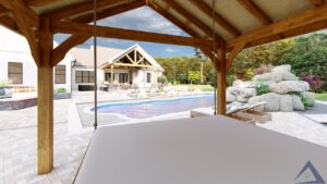 Precision Outdoors Design Secluded resort Roachdale indiana pool gable roof structure extension paver patio porcelain overlay gas fire pit firepit fire bowls outdoor kitchen seating wall lighting custom swing bed landscaping night lighting trees shrubs mulch backyard goals oasis country boulders privacy rest and relaxation poolside bird bath dining area hot tub