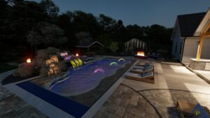Precision Outdoors Design Secluded resort Roachdale indiana pool gable roof structure extension paver patio porcelain overlay gas fire pit firepit fire bowls outdoor kitchen seating wall lighting custom swing bed landscaping night lighting trees shrubs mulch backyard goals oasis country boulders privacy rest and relaxation poolside bird bath dining area hot tub