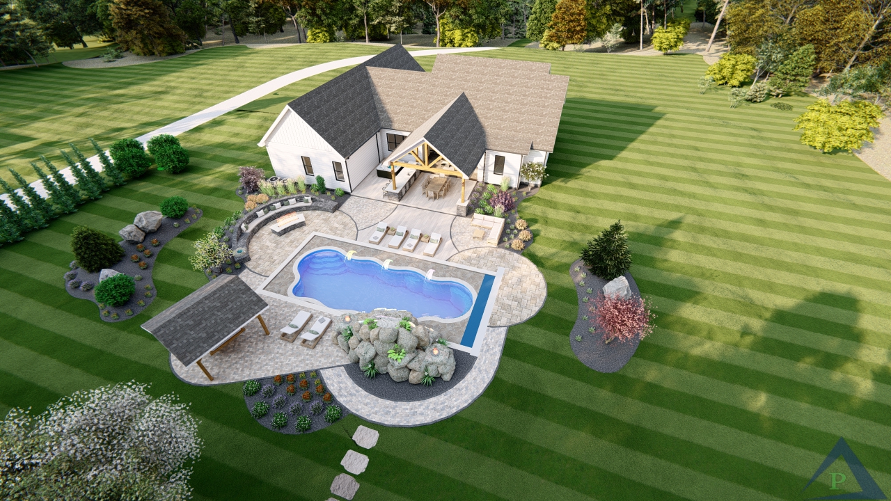 Precision Outdoors Design Secluded resort Roachdale indiana pool gable roof structure extension paver patio porcelain overlay gas fire pit firepit fire bowls outdoor kitchen seating wall lighting custom swing bed landscaping night lighting trees shrubs mulch backyard goals oasis country boulders privacy rest and relaxation poolside bird bath dining area hot tub